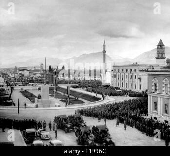 geography / travel historic, Albania, cities and communities, Tirana, squares, Skanderbeg square, military review, 1930s, Additional-Rights-Clearance-Info-Not-Available Stock Photo