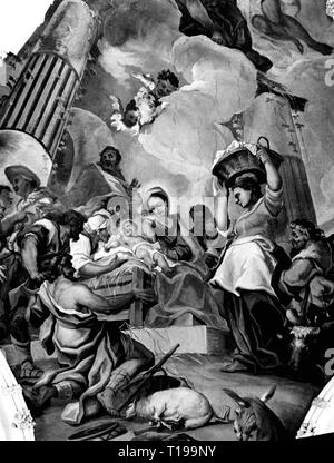 religion, Christianity, Jesus Christ, nativity, 'Adoration of the Shepherds', fresco, by Andreas Gebhard, 18th century, Reichenbach on the Regen Monastery, Reichenbach, Artist's Copyright has not to be cleared Stock Photo