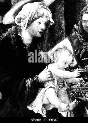 religion, Christianity, Jesus Christ, nativity, 'Adoration of the Magi', painting, detail, b Albrecht Altdorfer (circa 1480 - 1538), circa 1530 - 1535, oil on panel, Staedel, Frankfurt, Artist's Copyright has not to be cleared Stock Photo