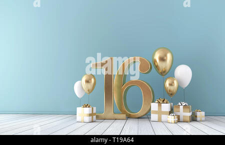 Number 16 party celebration room with gold and white balloons and gift boxes.  Stock Photo