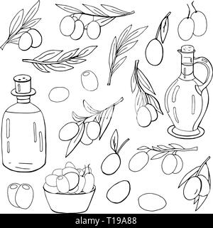 Set of olives, olive oil bottles and olives branches Stock Vector