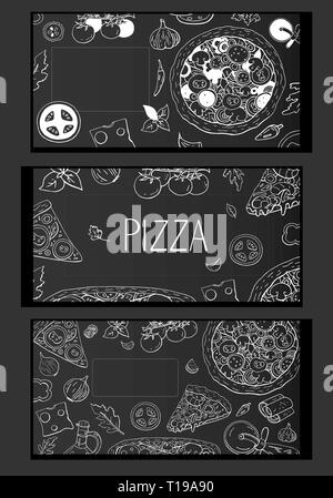 Vintage horizontal pizza banner on black background. Vector doodle ...