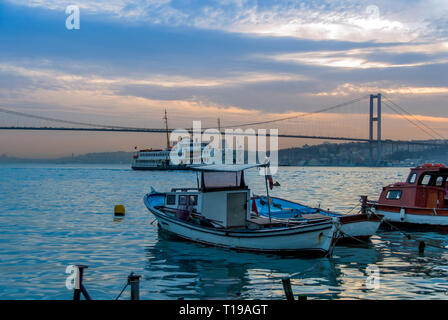 Istanbul, Turkey, 22 March 2006: Ship, Boats and Bosphorus Bridge, Cengelkoy Stock Photo