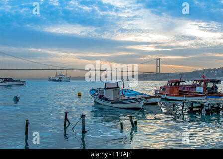 Istanbul, Turkey, 22 March 2006: Ship, Boats and Bosphorus Bridge, Cengelkoy Stock Photo