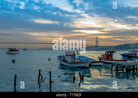 Istanbul, Turkey, 22 March 2006: Ship, Boats and Bosphorus Bridge, Cengelkoy Stock Photo