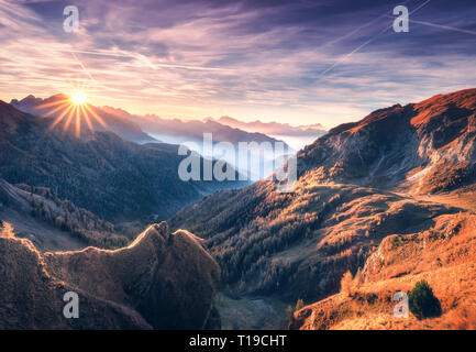 Mountains in fog at beautiful sunset in autumn. Dolomites, Italy. Landscape with alpine mountain valley, orange grass, low clouds, trees on hills, pur Stock Photo