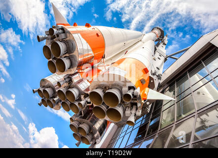 Russian space transport rocket with rocket engines against a blue sky Stock Photo