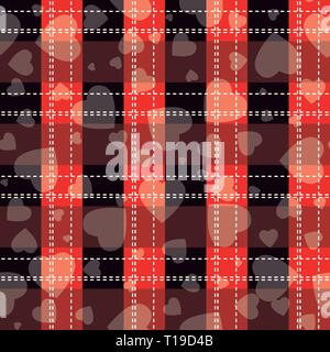 Valentine s Day Hipster Style Tartan and Buffalo Check Plaid Vector Patterns Black and Red Hearts, Pattern Tile Swatches Included. eps10 Stock Vector
