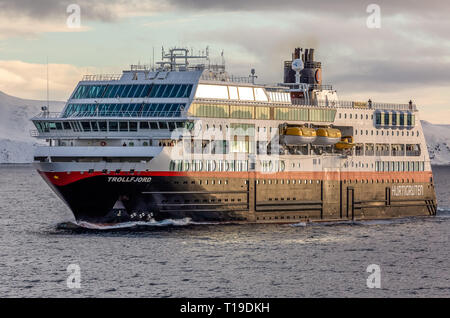 The Hurtigruten Cruise ship Trollfjord from Norway, which takes passengers on trips up and down the Norwegian fjords. Stock Photo