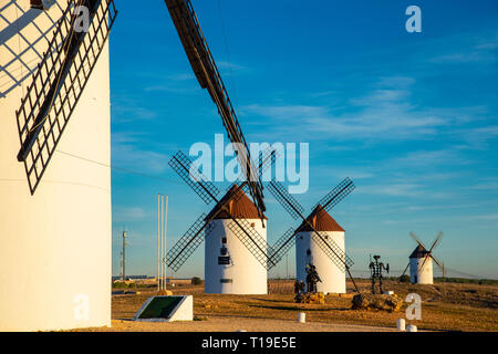 Windmills at Mota del Cuervo with Don Quixote (Cuenca, Spain) Stock Photo