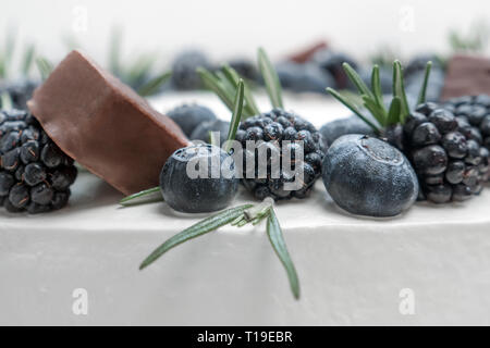 Black and white delicious cake with barries and chocolate. Summer cupcakes, biscuits. Healthy sweets concept. Close-up. Black on white light cake Stock Photo