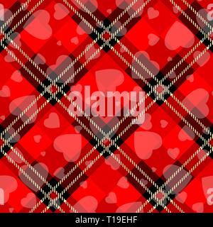 Valentine s Day Hipster Style Tartan and Buffalo Check Plaid Vector Patterns Black and Red Hearts, Pattern Tile Swatches Included. eps10 Stock Vector