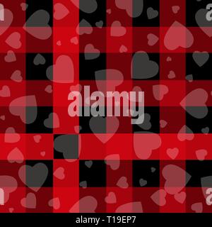 Valentine s Day Hipster Style Tartan and Buffalo Check Plaid Vector Patterns Black and Red Hearts, Pattern Tile Swatches Included. eps10 Stock Vector