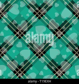 Valentine s Day Hipster Style Tartan and Buffalo Check Plaid Vector Patterns Black and green with white Hearts, Pattern Tile Swatches Included. eps 10 Stock Vector