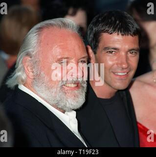 LOS ANGELES, CA - July 11, 1998:  Actors SIR ANTHONY HOPKINS (left) & ANTONIO BANDERAS at the world premiere, in Los Angeles, of their new movie 'The Mask of Zorro.' Stock Photo