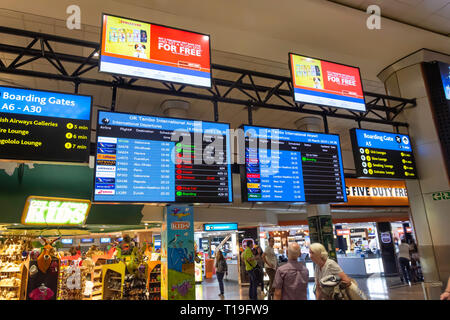 International departure boards in departure lounge at OR Tambo International Airport, Kempton Park, Johannesburg, Gauteng, Republic of South Africa Stock Photo