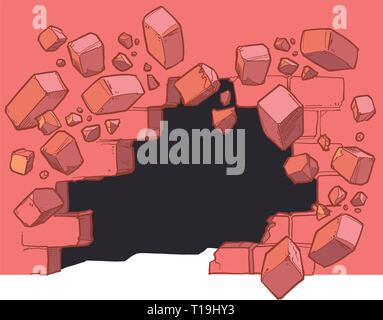Vector cartoon clip art illustration of a Ground level hole in a red brick wall breaking or exploding out and to the left into rubble or debris. Stock Vector