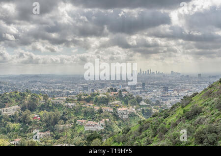 View of downtown LA from Runyon Canyon hiking trail, Los Angeles, CA. Stock Photo