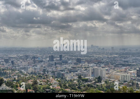 View of downtown LA from Runyon Canyon hiking trail, Los Angeles, CA. Stock Photo