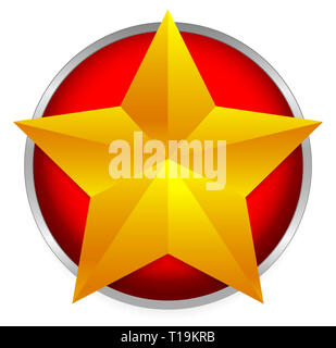 Golden star emblem - Beveled gold star on bright red circle. Stock Photo