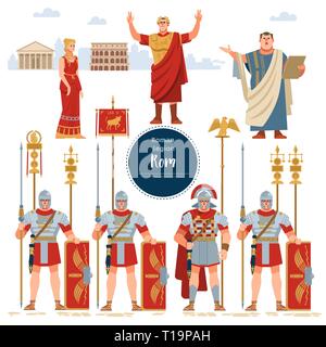 Set in ancient Rome illustration historic army infantrymen in full armor with shields Stock Vector