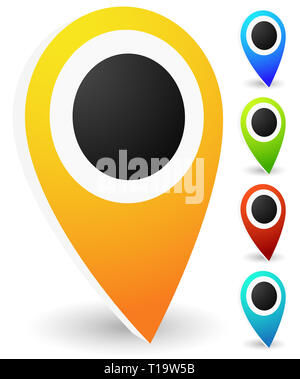 Map markers, map pins, pointer elements. 5 colors, orange, blue, green, red, teal. Location, address, destination, geo location themes. Stock Photo