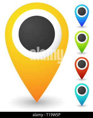 Map markers, map pins, pointer elements. 5 colors, orange, blue, green, red, teal. Location, address, destination, geo location themes. Stock Photo