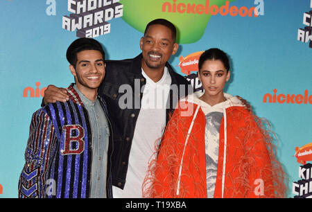 LOS ANGELES, CA - MARCH 23: (L-R) Mena Massoud, Will Smith and Naomi Scott attend Nickelodeon's 2019 Kids' Choice Awards at Galen Center on March 23, 2019 in Los Angeles, California. Stock Photo