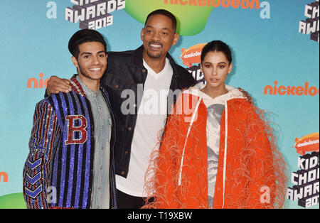 LOS ANGELES, CA - MARCH 23: (L-R) Mena Massoud, Will Smith and Naomi Scott attend Nickelodeon's 2019 Kids' Choice Awards at Galen Center on March 23, 2019 in Los Angeles, California. Stock Photo