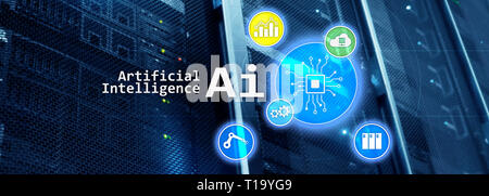 Artificial intelligence hi-tech business technologies concept. Futuristic server room background. AI Stock Photo