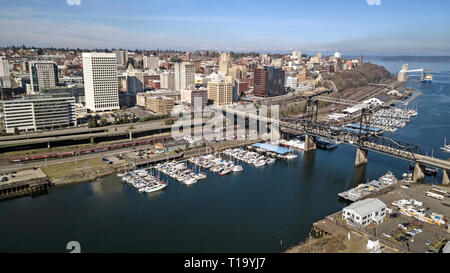 Aerial persepctive over Thea Foss Waterway along the Tacoma waterfront with Commencement Bay Stock Photo