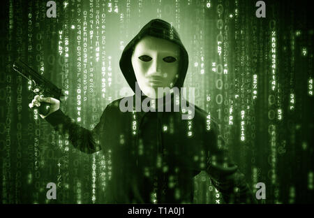 Masked and armed anonymous hacker breaking in cyber security cloud data concept  Stock Photo