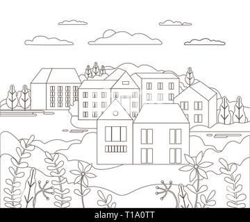 Village river graphic black white rural landscape sketch illustration ...