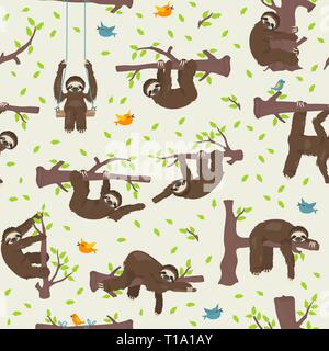 Funny cartoon sloths hanging from the trees. Seamless pattern. Vector illustration Stock Vector