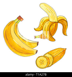 Set of hand drawn with watercolor markers bananas Stock Photo