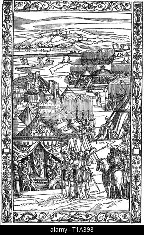 military, lansquenets, Imperial army during siege of an Italian city, copper engraving, from: Antonio Francesco Oliviero, 'La Alamanna', print: Vincenzo Valgrisi, Venice, 1567, Artist's Copyright has not to be cleared Stock Photo