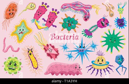 Set of bacteria characters. Cute germ and micro Microbe funny infection and virus. Funny bad emotions. Cartoon Color Monster, pathogen or parasite. Stock Vector