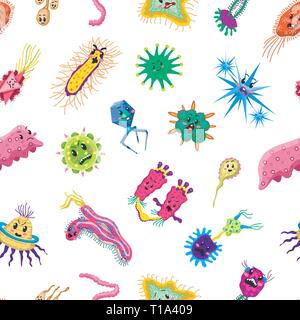 Bacteria characters Seamless pattern. Cartoon Cute germ virus funny infection. Funny bad emotions micro Microbe. Color Monster, pathogen or parasite. Stock Vector