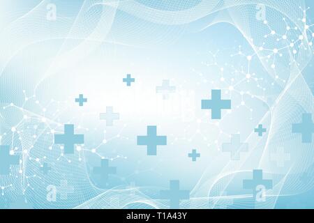 Abstract medical background DNA research, molecule, genetics, genome, DNA chain. Genetic analysis art concept with hexagons, lines, dots Stock Vector