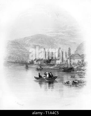 An engraving of Tintern Abbey on the banks of the River Wye, Monmouthshire, Wales UK scanned at high resolution from a book published in 1841. Stock Photo