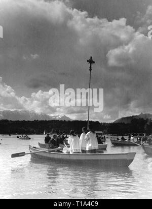 religion, Christianity, ecclesial feasts, lake procession on Corpus Christi day, Staffelsee (Lake Staffel), circa 1970, Additional-Rights-Clearance-Info-Not-Available Stock Photo