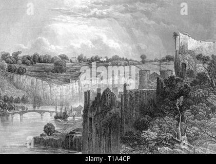 An engraving of Chepstow, Monmouthshire, Wales UK scanned at high resolution from a book published in 1841. Believed copyright free. Stock Photo