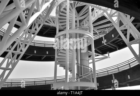 Steel frame inside the Spiral Lookout Tower in Tai Po Waterfront Park, Hong Kong Stock Photo