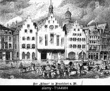 geography / travel historic, Germany, cities and communities, Frankfurt on the Main, Germany, Roemerberg (Roman Mountain), house zum Goldenen Schwan, house zum Roemer, city hall, house Frauenstein, Salzhaus, exterior view, wood engraving, 2nd half 19th century, Additional-Rights-Clearance-Info-Not-Available Stock Photo