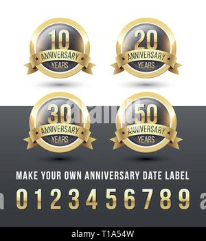 Gold ANNIVERSARY date labels with ribbon banner. Round vector icons set. Stock Vector