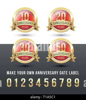 Gold and red ANNIVERSARY date labels with ribbon banner. Round vector icons set. Stock Vector