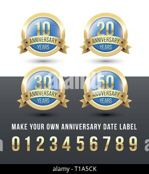 Gold and blue ANNIVERSARY date labels with ribbon banner. Round vector icons set. Stock Vector