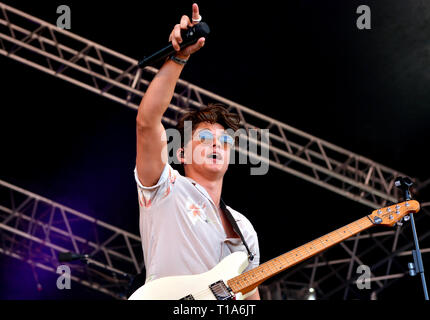 Bradley Simpson lead singer of British pop band The Vamps, Summer  2019. South Tyneside Music Festival, UK. Stock Photo