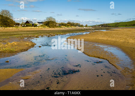 The River Tywi, or Towy, Estuary at Llansteffan on the Carmarthenshire coast, showing the sands and signs of a small harbour. Stock Photo