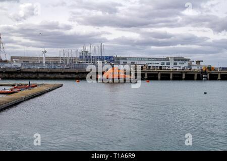 An RNLI lifeboot moored in Dun Laoghaire Harbour, Dublin, Ireland Stock Photo